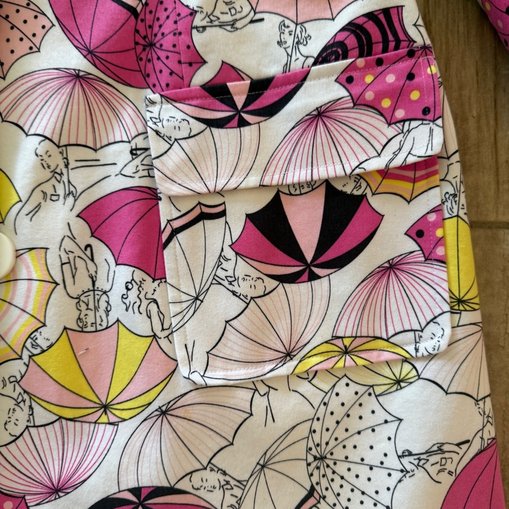 Andrea Viccaro Women Pink Yellow Umbrella Pinup Print Cotton Trench Coat Size 10 - Picture 5 of 12